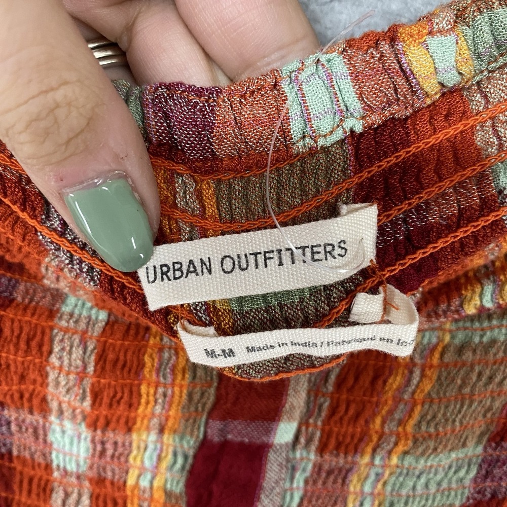 Urban Outfitters Midi Dress Womens Medium Orange Plaid Off Shoulder Smocked - Picture 6 of 15